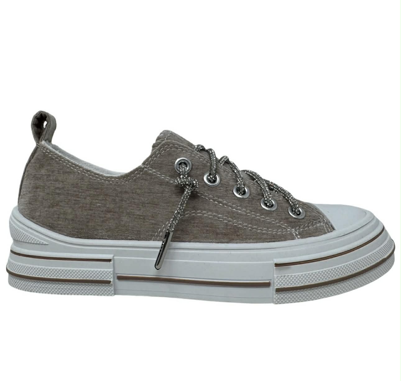 Gray casual shoe with white sole on a white background