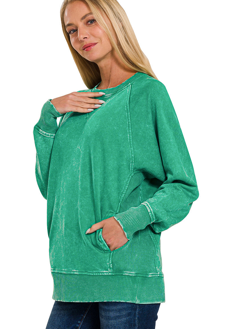 Zenana Acid Wash French Terry Pullover