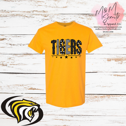New London Tigers Pattern Graphic Tee | White, Sport Gray & Gold Spirit Shirt