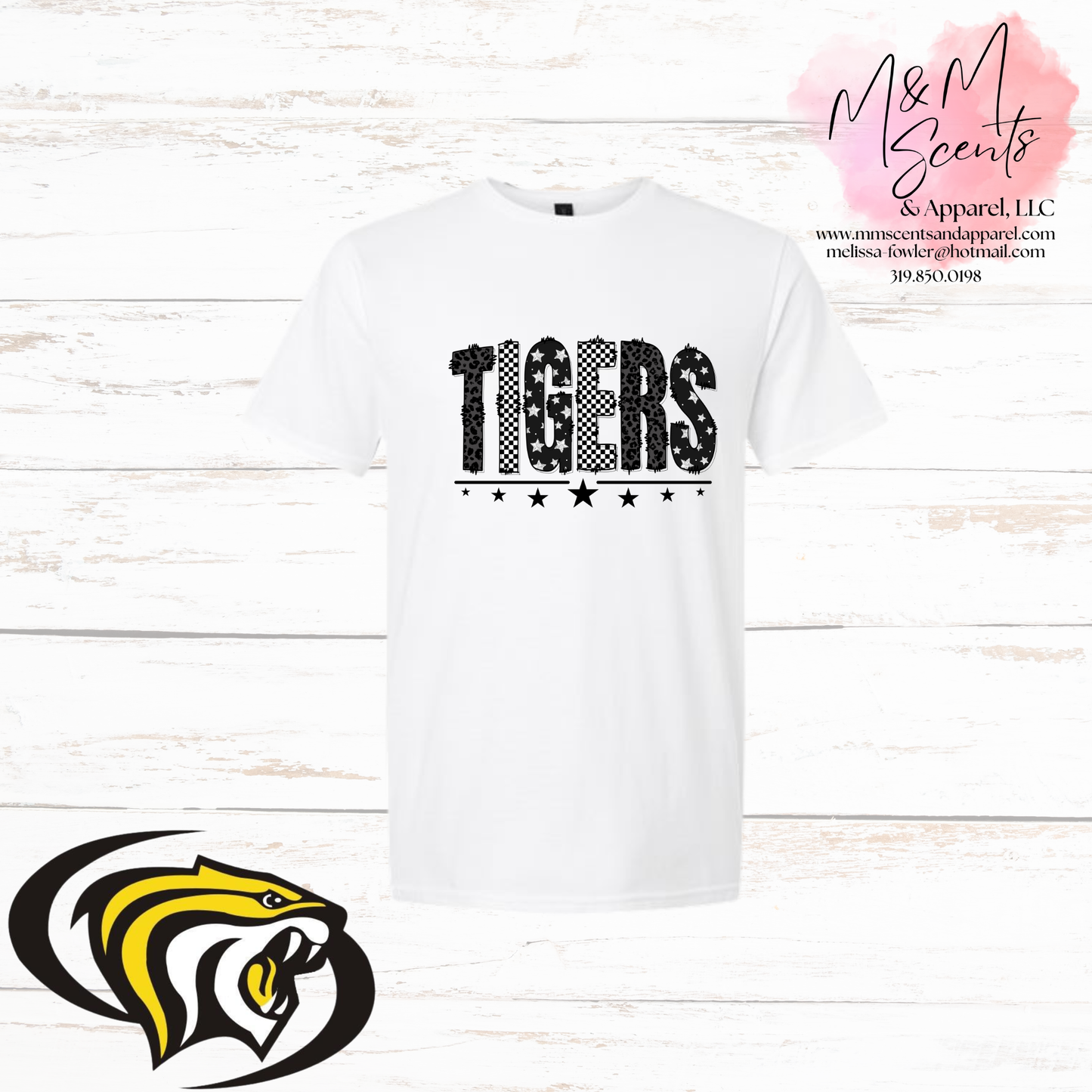 New London Tigers Pattern Graphic Tee | White, Sport Gray & Gold Spirit Shirt