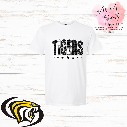 New London Tigers Pattern Graphic Tee | White, Sport Gray & Gold Spirit Shirt