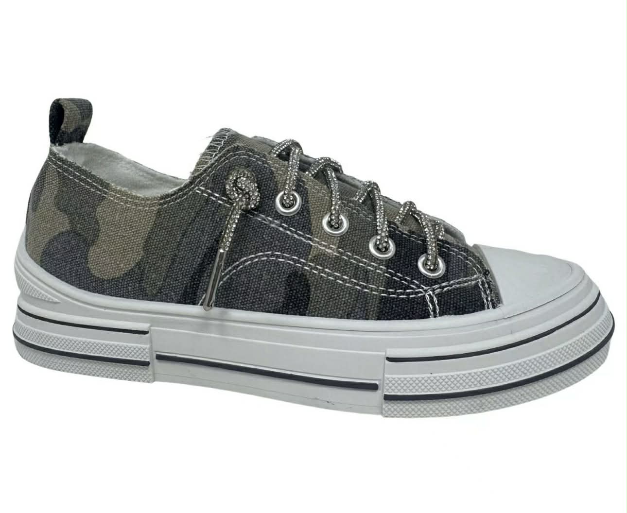 Camouflage-patterned sneaker with white sole on a white background