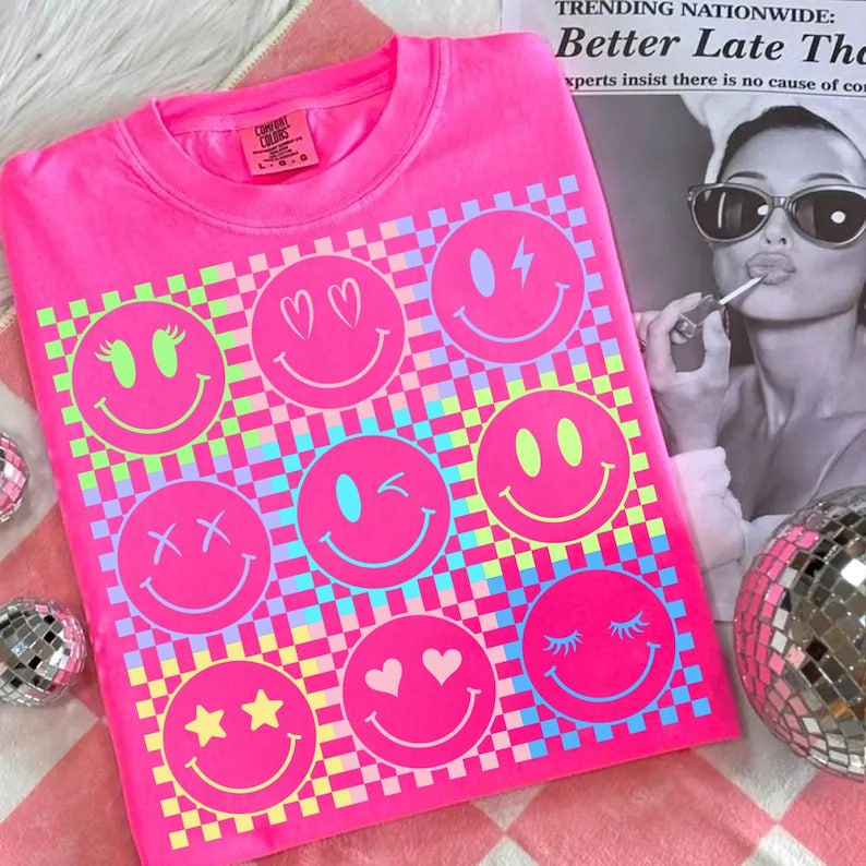 Neon Smiley Face Graphic Tee | Checkered Smiley Shirt | Trendy Summer Tee | Retro Happy Face Shirt