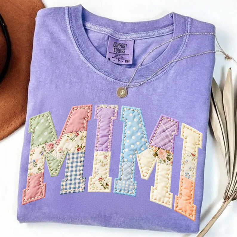 Mama Patchwork Graphic Tee | Vintage Quilt Style Mom Shirt