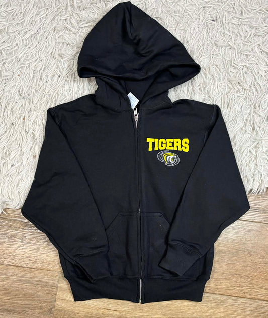 Black hoodie with 'Tigers' logo on a textured surface