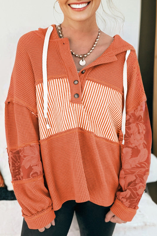Cinnamon Waffle Patchwork Drawstring Hoodie