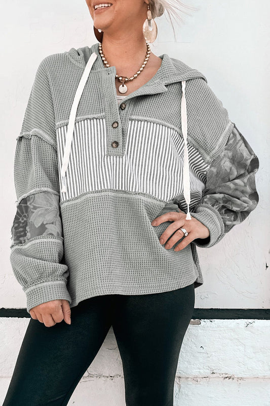 Gray Waffle Patchwork Drawstring Hoodie
