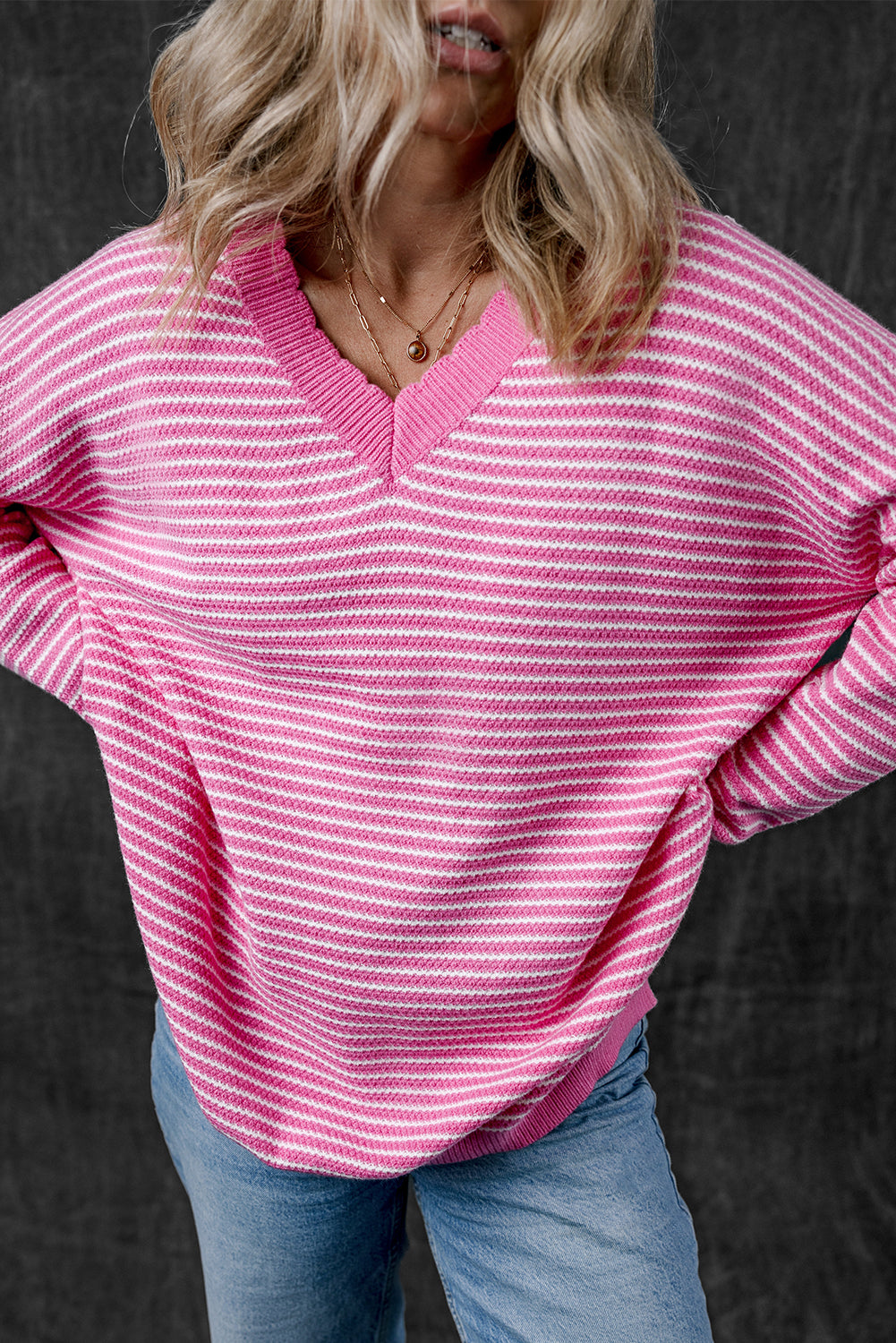 Pink Striped V Neck Sweater