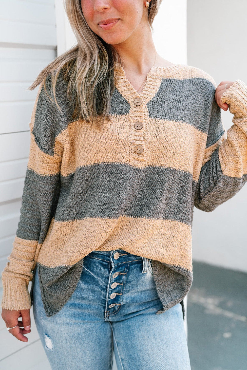 Khaki Striped Henley Sweater