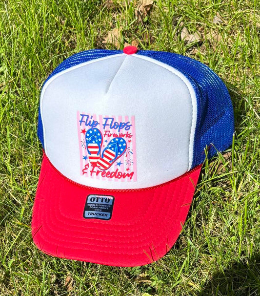 Flip Flops Fireworks & Freedom Patriotic Trucker Hat | M&M Scents & Apparel, LLC