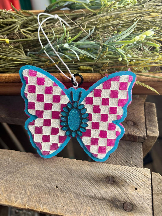 Checkered Butterfly Car Freshie – Pink & Teal Glitter Air Freshener