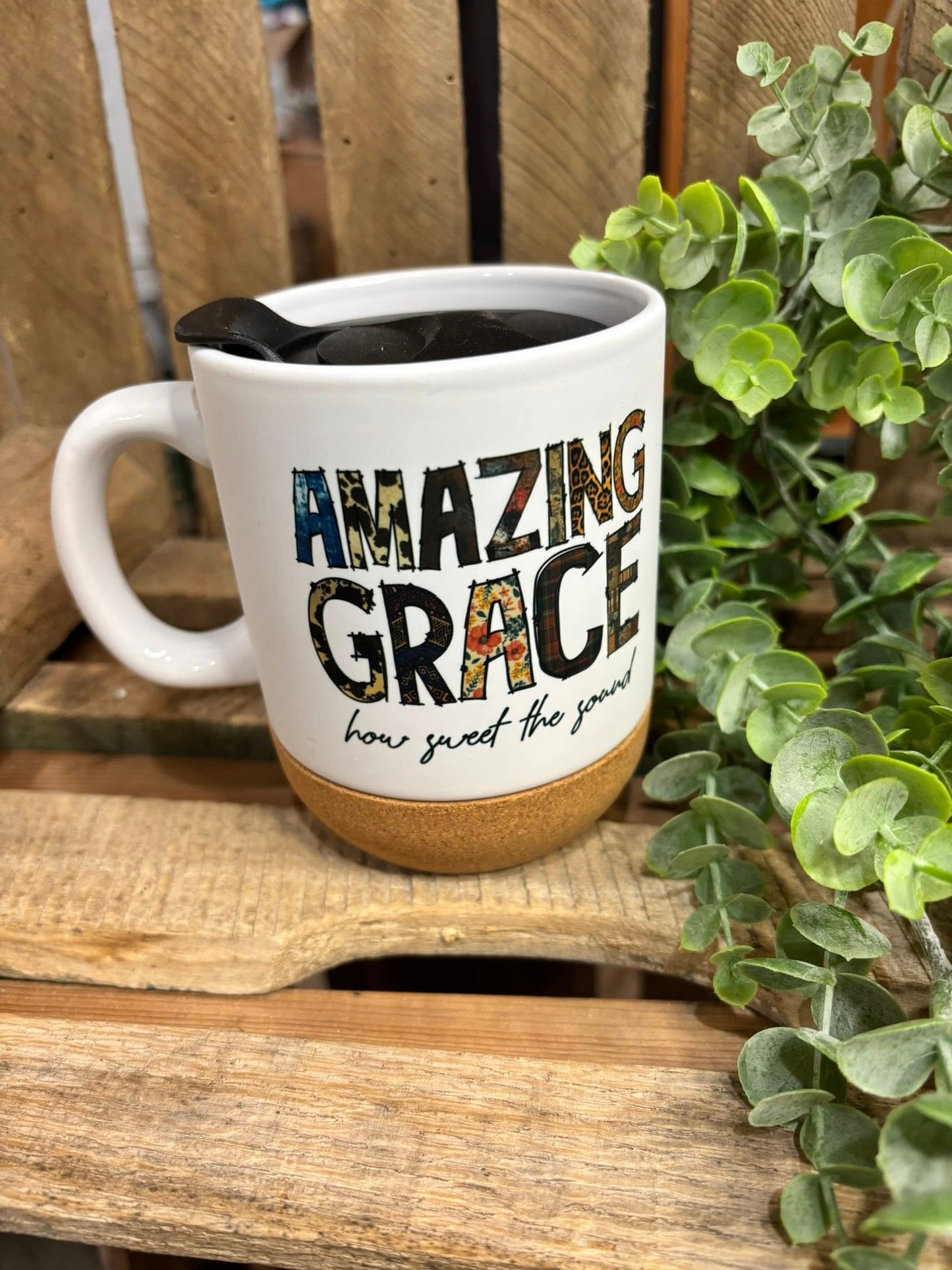 Amazing Grace 15 oz Ceramic Mug with Cork Bottom & Lid | M&M Scents & Apparel, LLC