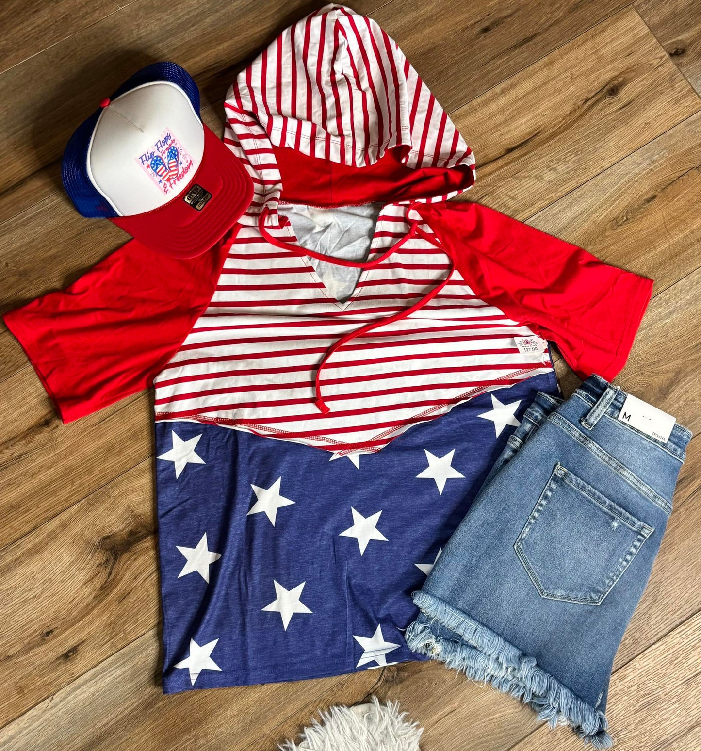 Red Stars and Stripes Drawstring Hooded T-Shirt