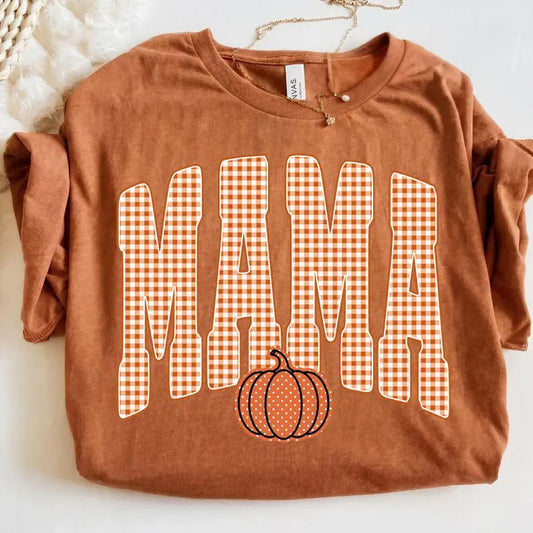 Mama Pumpkin Gingham Graphic Tee | Fall Mom Shirt