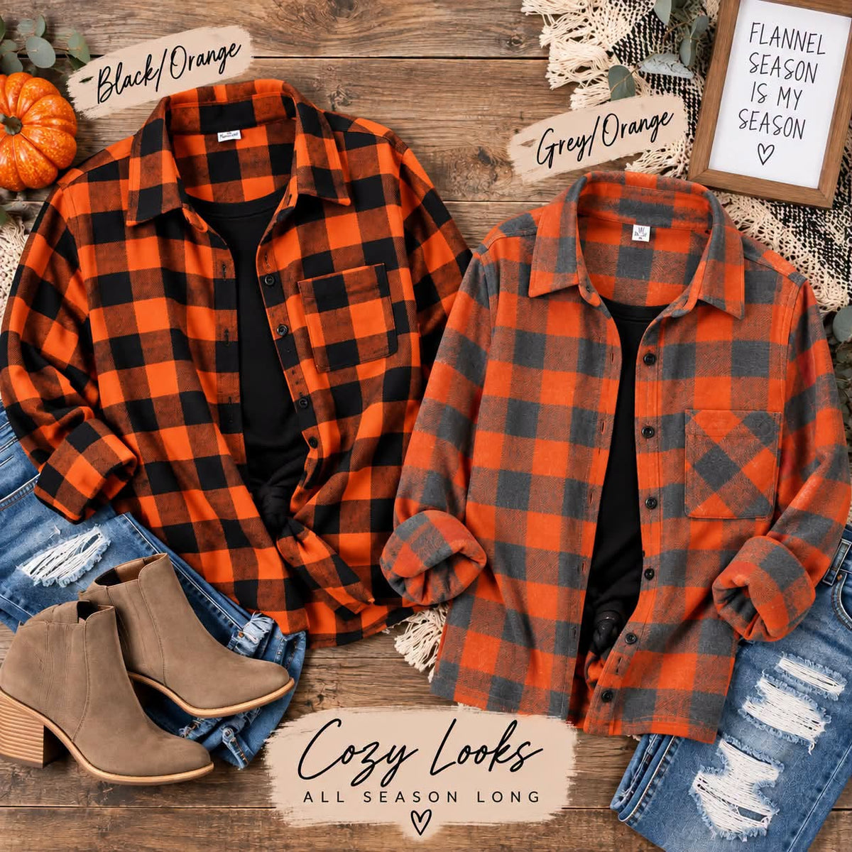 Orange & Black/Gray Buffalo Plaid Flannel Button-Up Shirt