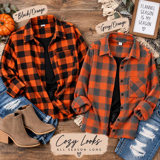 Orange & Black/Gray Buffalo Plaid Flannel Button-Up Shirt