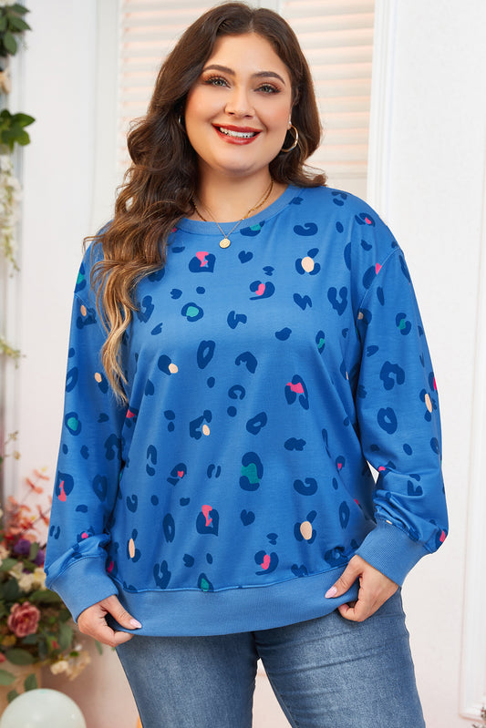 Sky Blue Leopard Sweatshirt-Plus Size