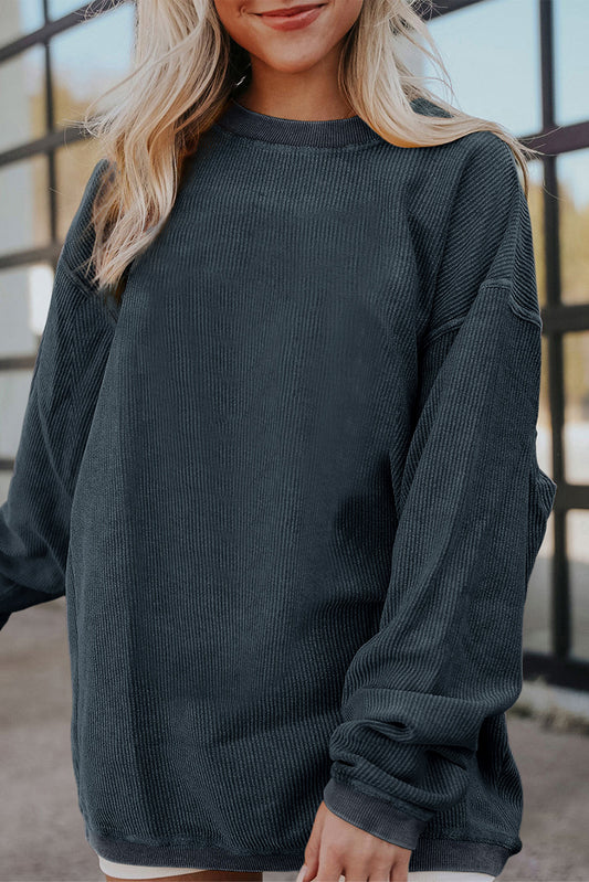 Dark Grey Ribbed Corduroy Oversized Crewneck