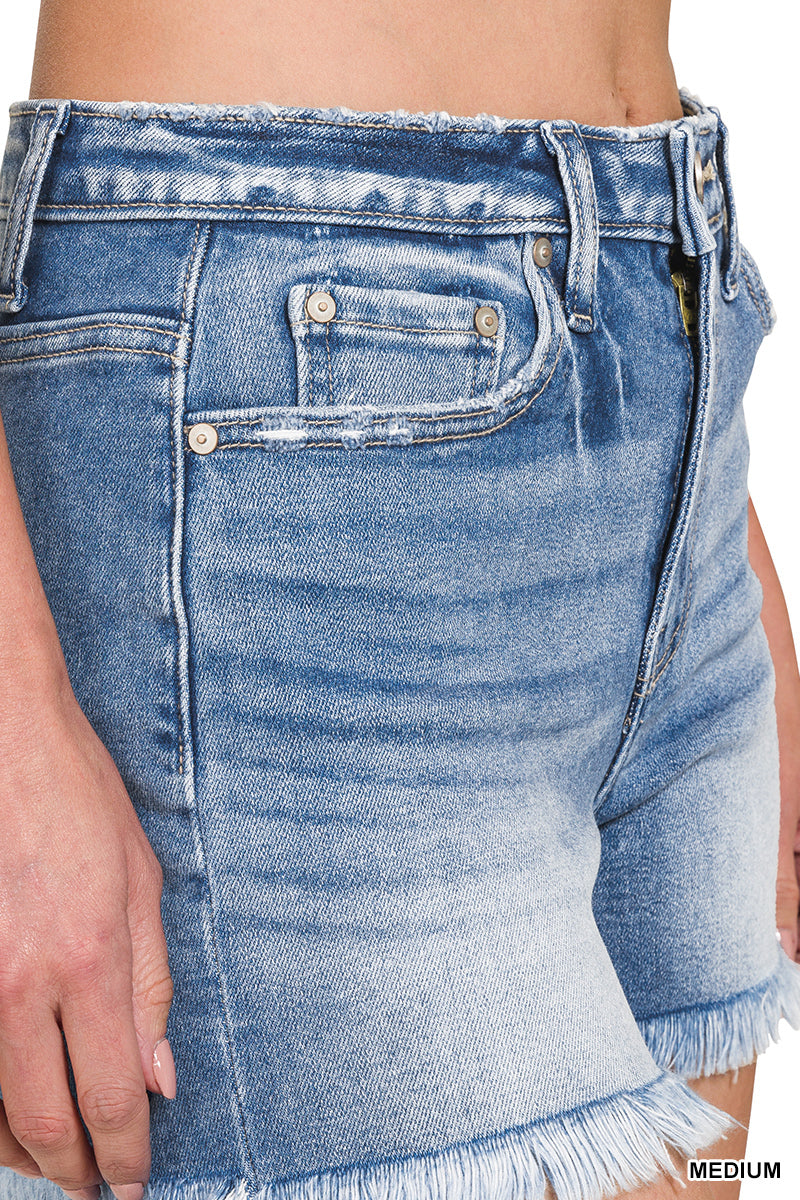 Mid Rise Frayed Hem Denim Shorts with Stretch