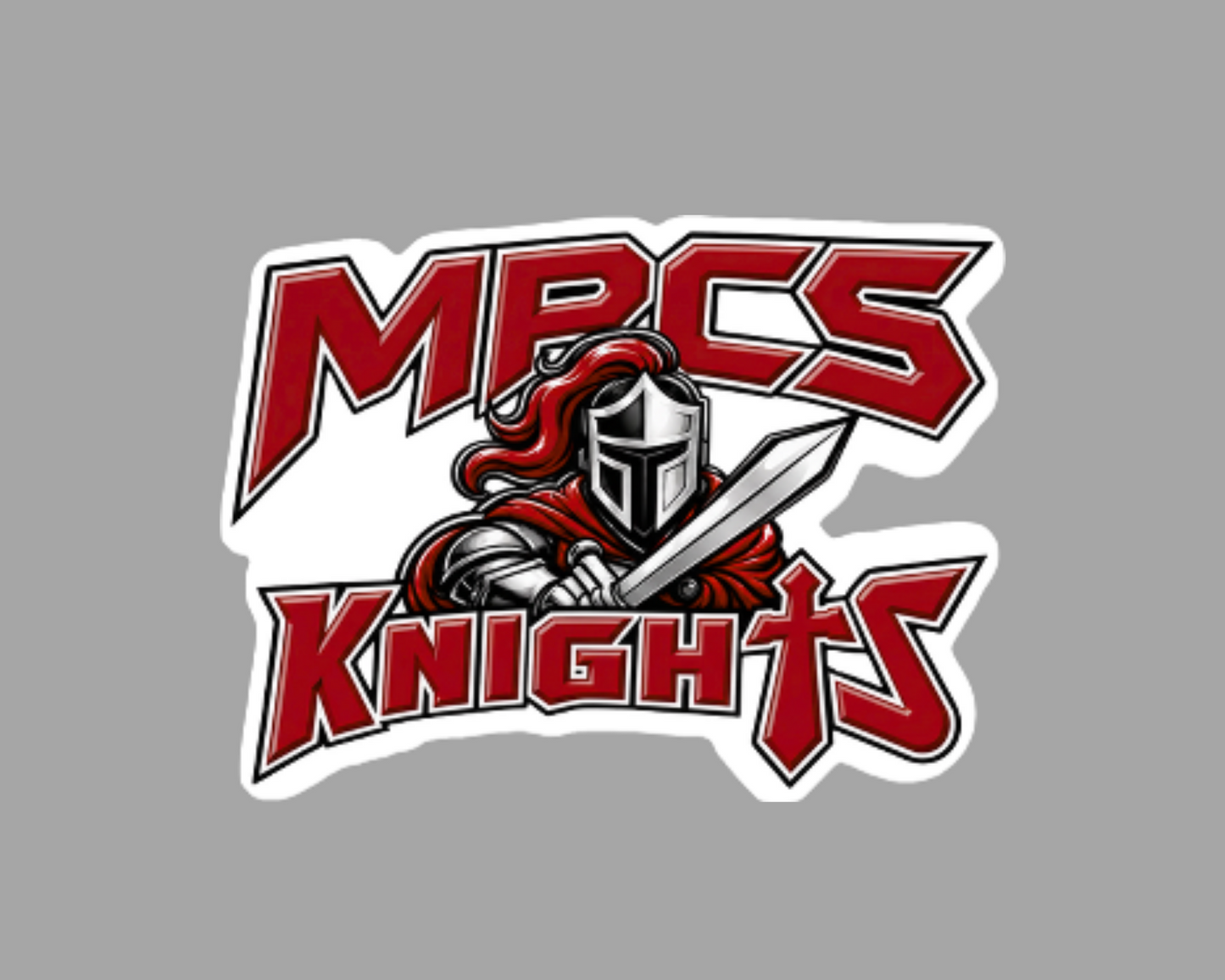 A die-cut sticker featuring the 'MPCS Knights' logo with a red and black stylized knight holding a sword, shown on a solid gray background.