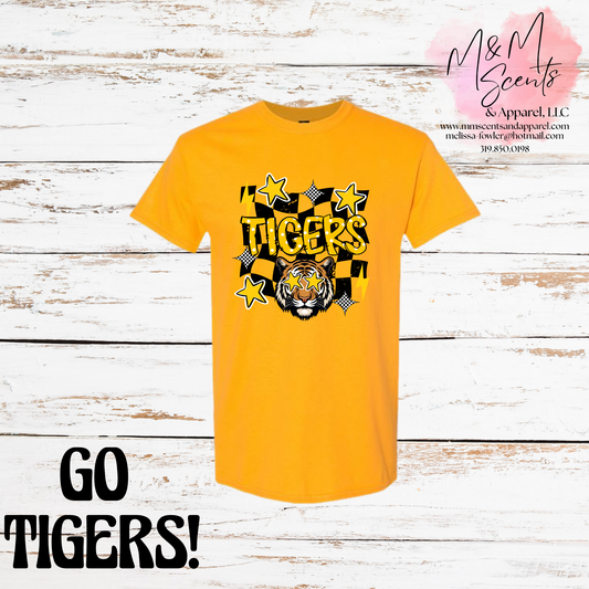 New London Tigers Retro Graphic Tee | Checkered School Spirit Shirt | Multiple Colors