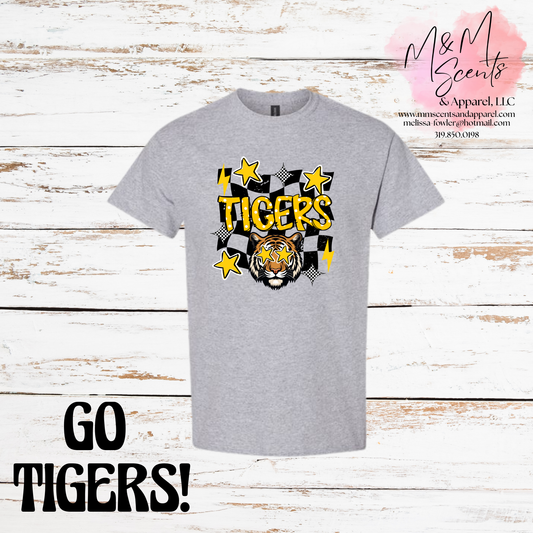 New London Tigers Retro Graphic Tee | Checkered School Spirit Shirt | Multiple Colors
