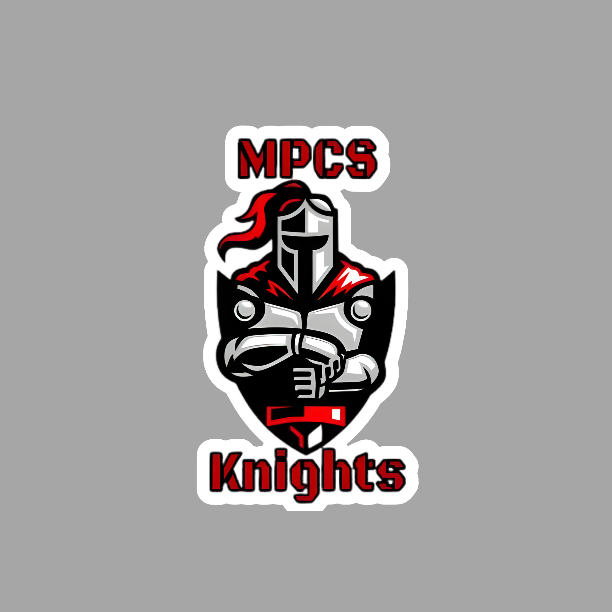 A die-cut sticker featuring a stylized knight in black, white, and red, with the text 'MPCS Knights' in red and white, shown on a solid gray background.