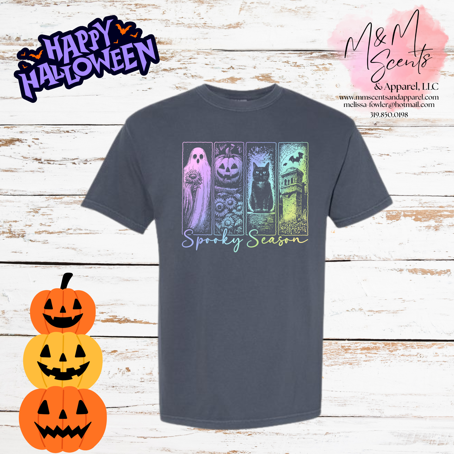 Spooky Season Rainbow Graphic Tee | Halloween Ghost & Pumpkin Shirt