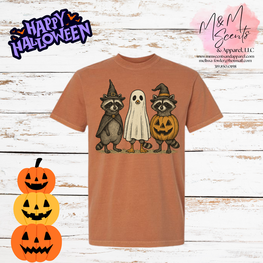 Spooky Woodland Friends Graphic Tee | Ghost, Raccoons & Pumpkin Halloween Shirt