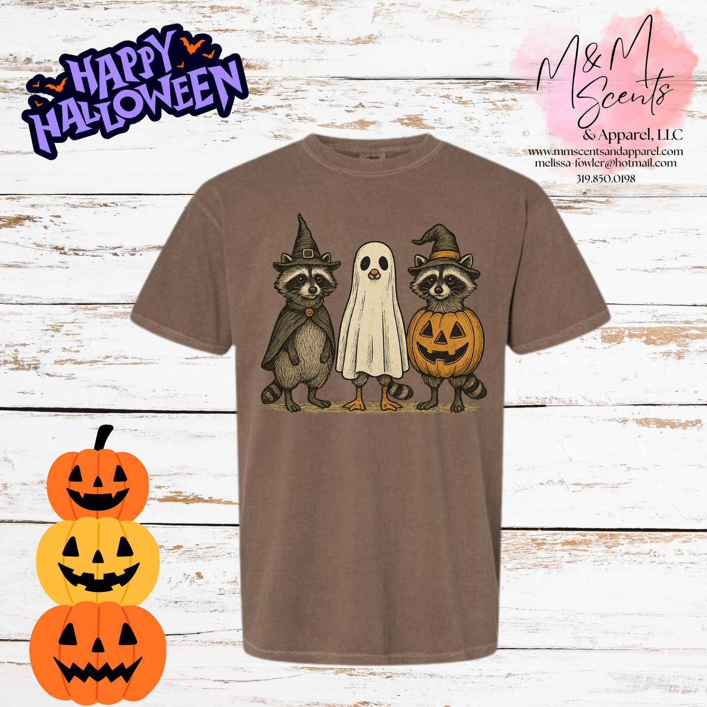Spooky Woodland Friends Graphic Tee | Ghost, Raccoons & Pumpkin Halloween Shirt