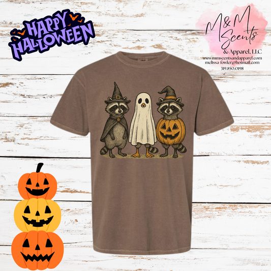 Spooky Woodland Friends Graphic Tee | Ghost, Raccoons & Pumpkin Halloween Shirt