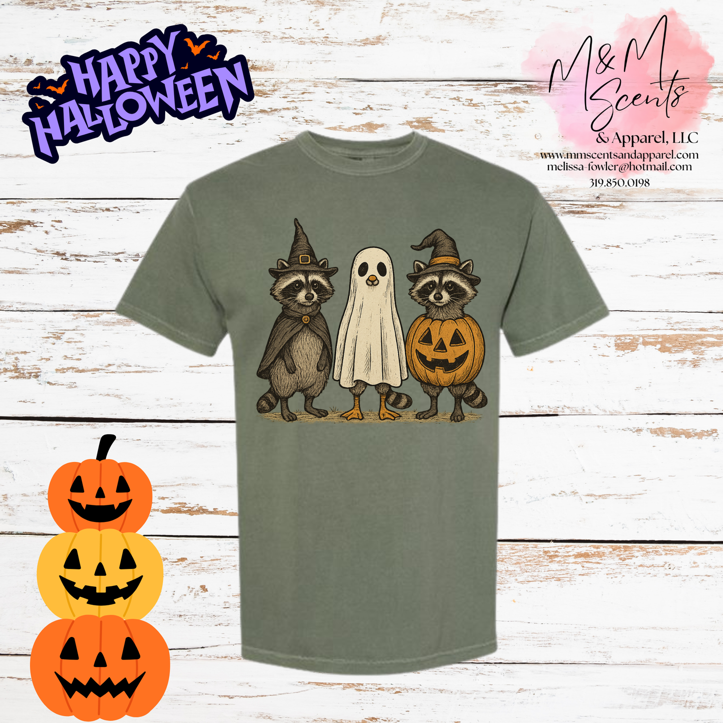 Spooky Woodland Friends Graphic Tee | Ghost, Raccoons & Pumpkin Halloween Shirt