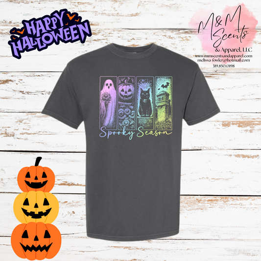 Spooky Season Rainbow Graphic Tee | Halloween Ghost & Pumpkin Shirt