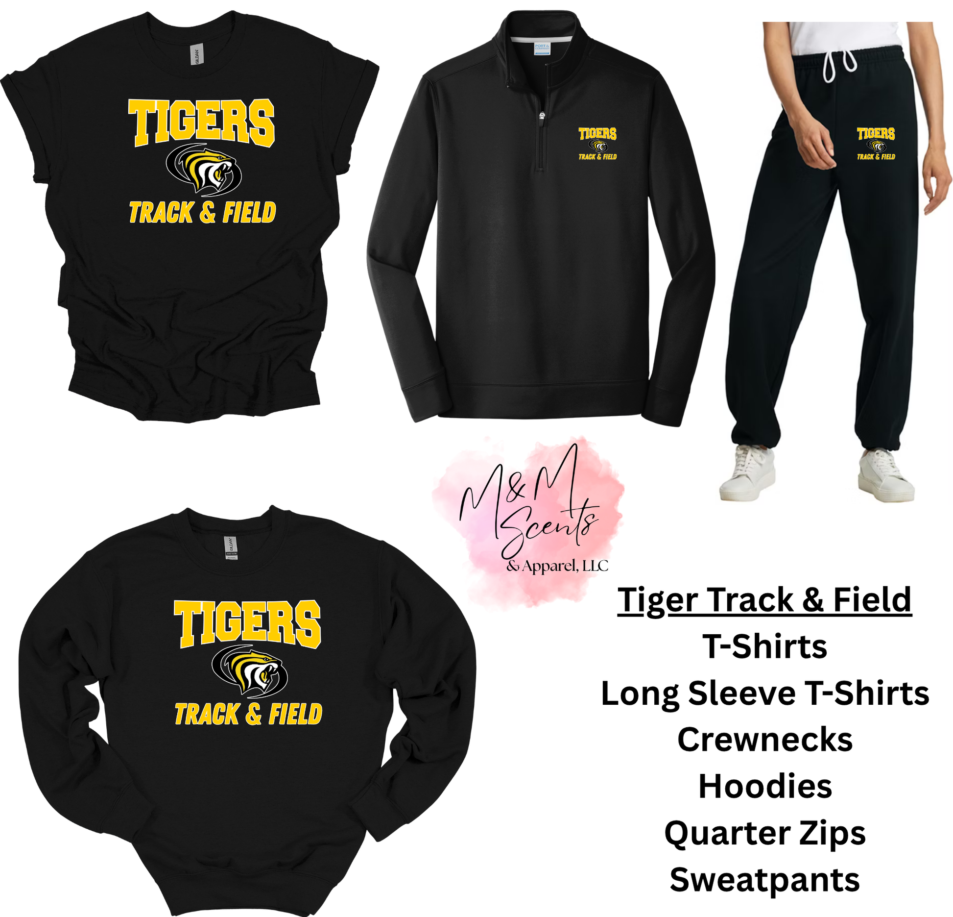 Collection of black athletic wear with 'Tigers Track & Field' branding, including t-shirts, long sleeve shirts, hoodies, and sweatpants.