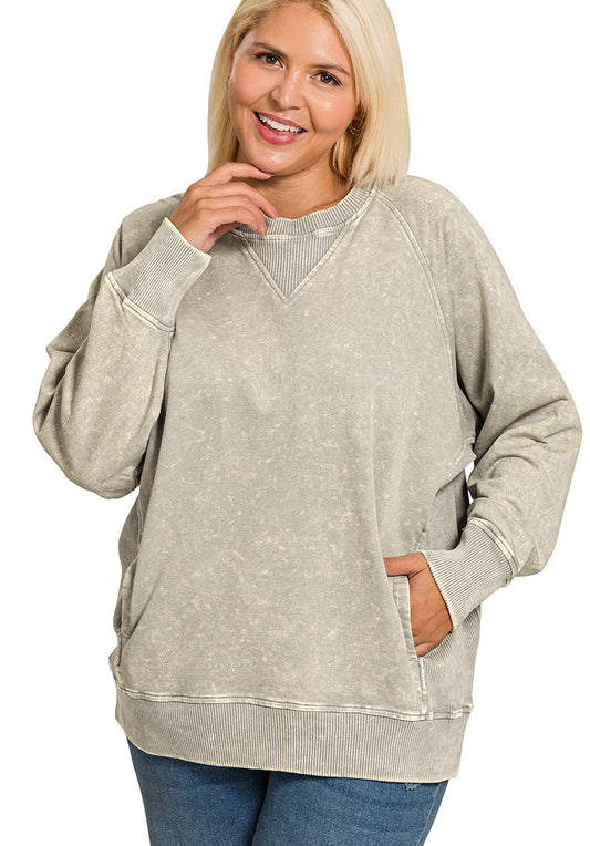 Zenana Plus Acid Washed French Terry Pullover With Pockets