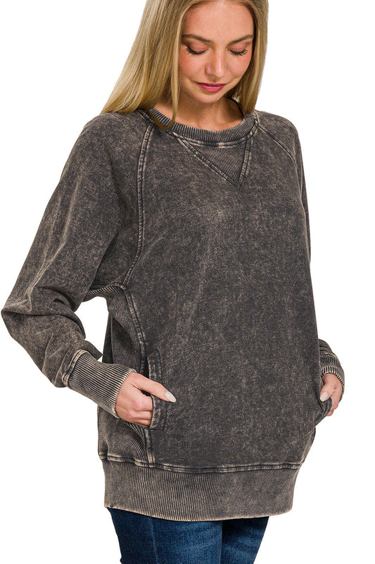 Zenana Acid Wash French Terry Pullover