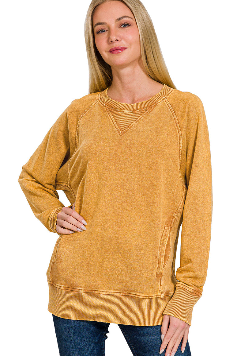 Zenana Acid Wash French Terry Pullover