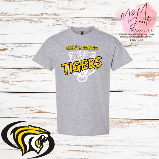 New London Tigers Brush Script Graphic Tee | Black, Gold & Heather Gray Spirit Shirt