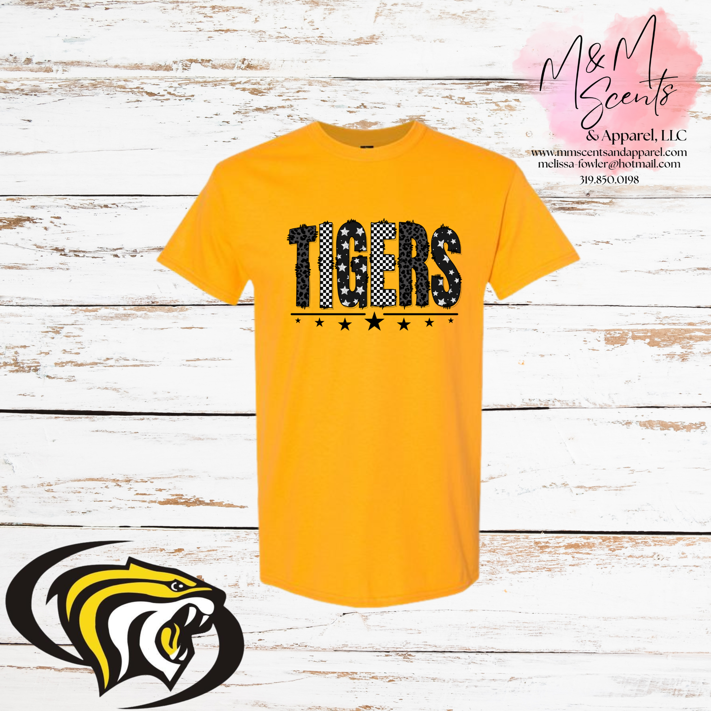 New London Tigers Pattern Graphic Tee | White, Sport Gray & Gold Spirit Shirt