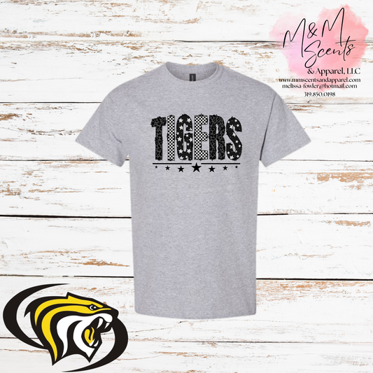 New London Tigers Pattern Graphic Tee | White, Sport Gray & Gold Spirit Shirt