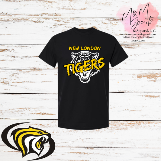 New London Tigers Brush Script Graphic Tee | Black, Gold & Heather Gray Spirit Shirt