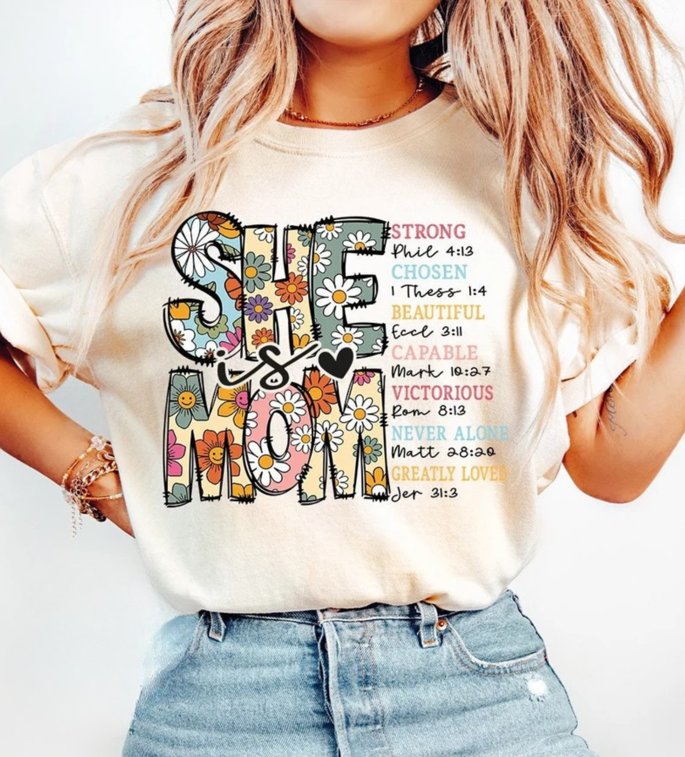 She Is Strong Christian Graphic Tee – Faith Inspirational Floral Shirt