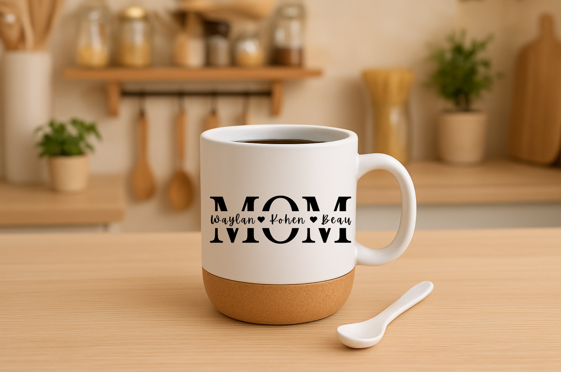 White mug with 'MOM' text on a wooden surface in a kitchen setting