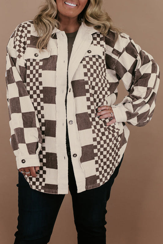 Brown Checkered Plus Size Corduroy Shacket