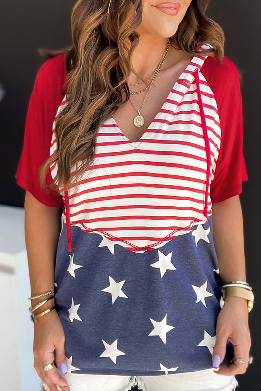 Red Stars and Stripes Drawstring Hooded T-Shirt