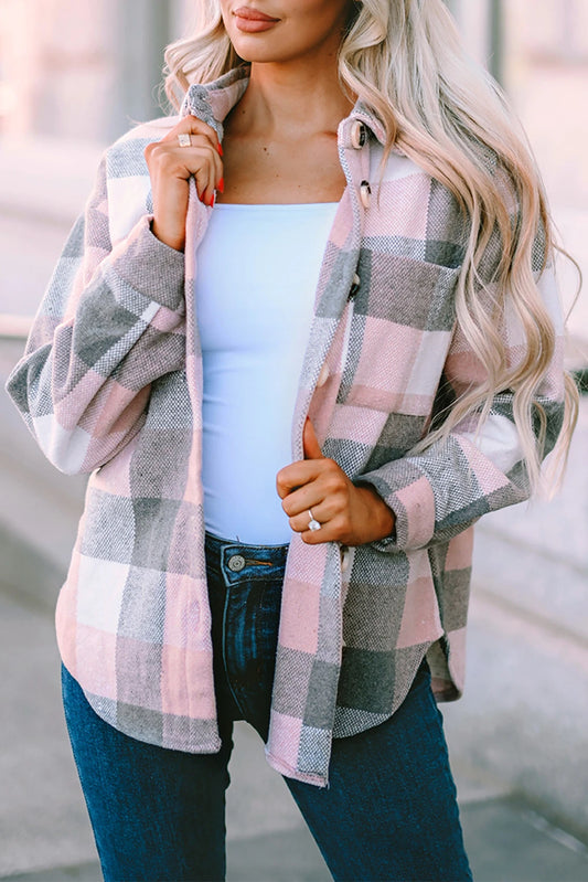 Light Pink/Grey Plaid Print Shacket