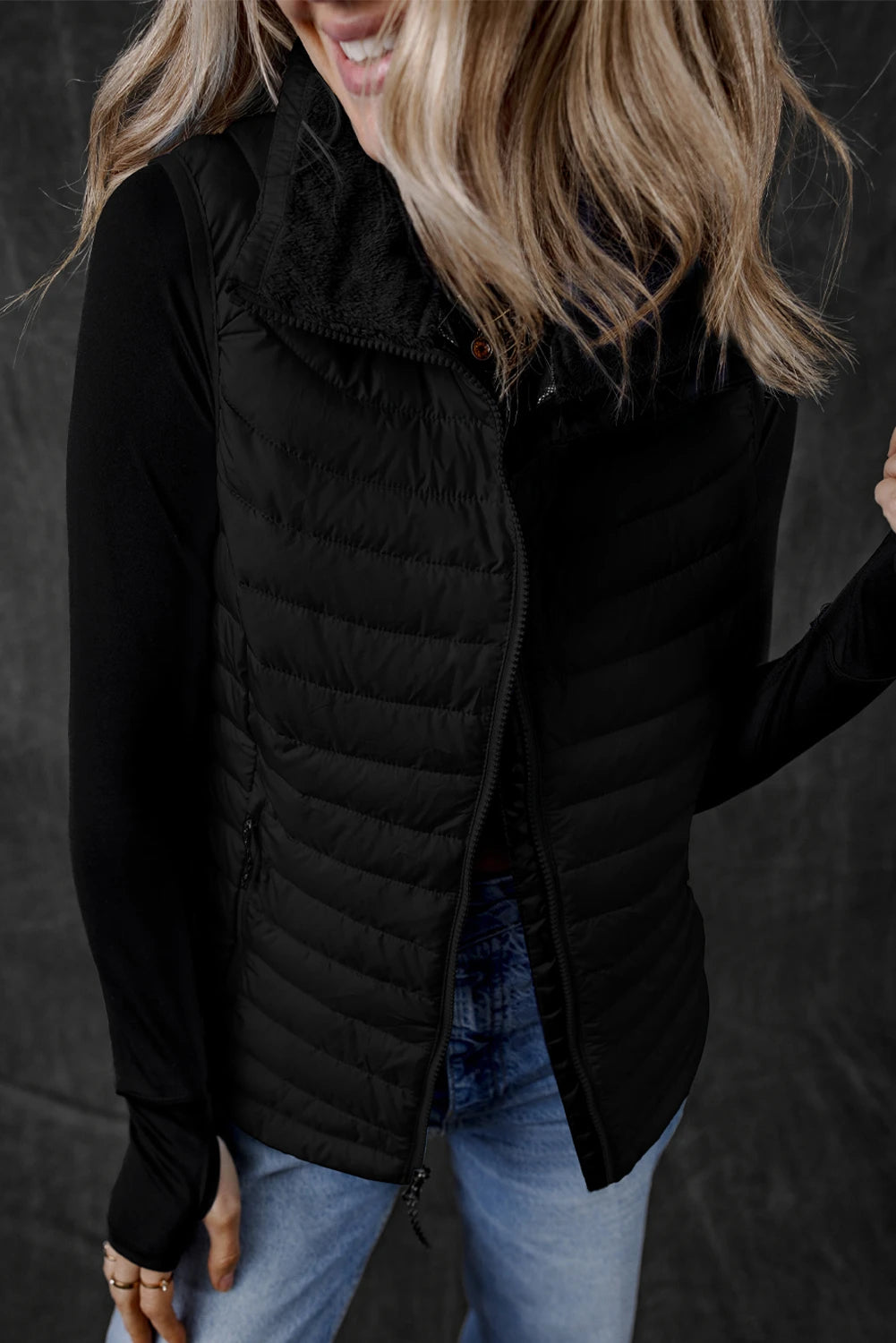 Black Plush Collared Quilted Vest