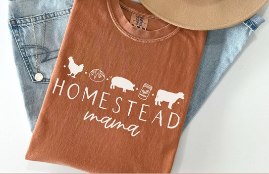 A rust-brown graphic t-shirt laid flat on top of light-wash blue jeans, with a tan hat partly visible at the top. The shirt has a white printed design reading “HOMESTEAD mama” with small farm-themed silhouettes.