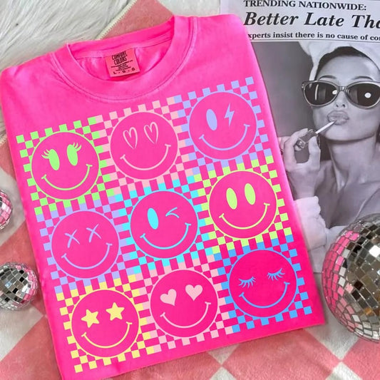 Neon Smiley Face Graphic Tee | Checkered Smiley Shirt | Trendy Summer Tee | Retro Happy Face Shirt