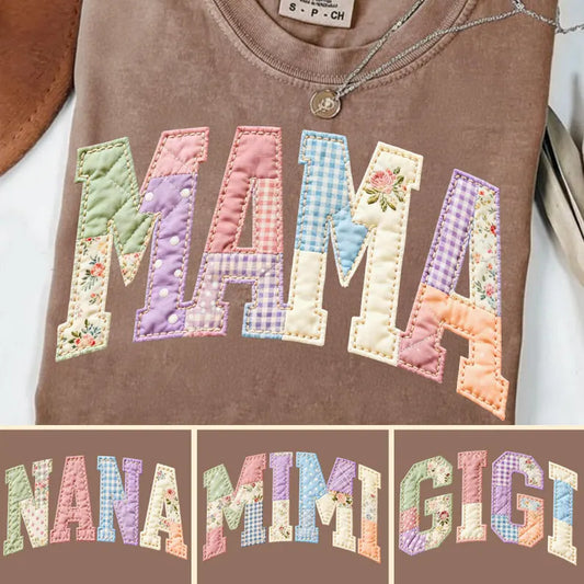 Mama Patchwork Graphic Tee | Vintage Quilt Style Mom Shirt